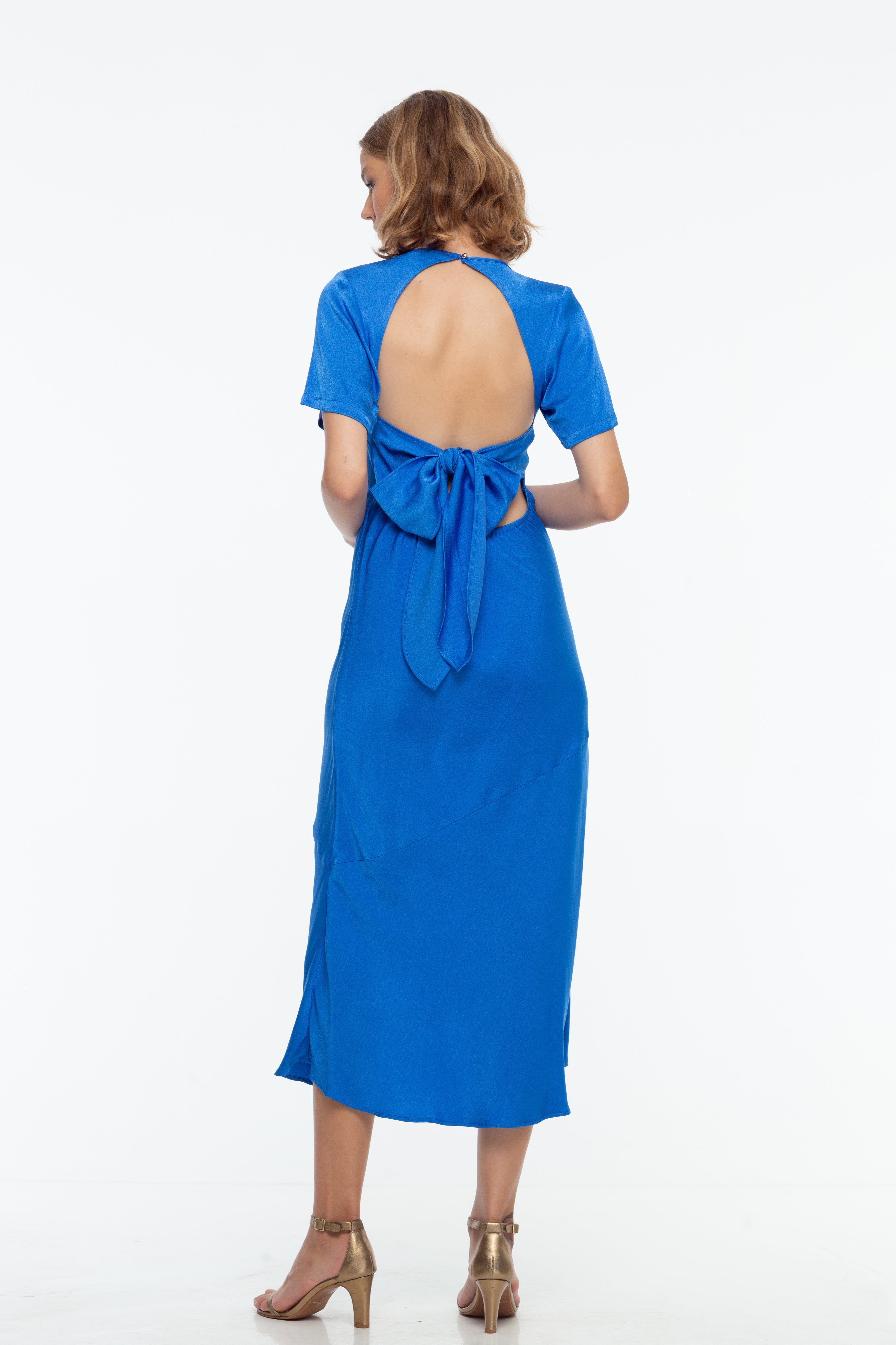 blue satin backless midi dress