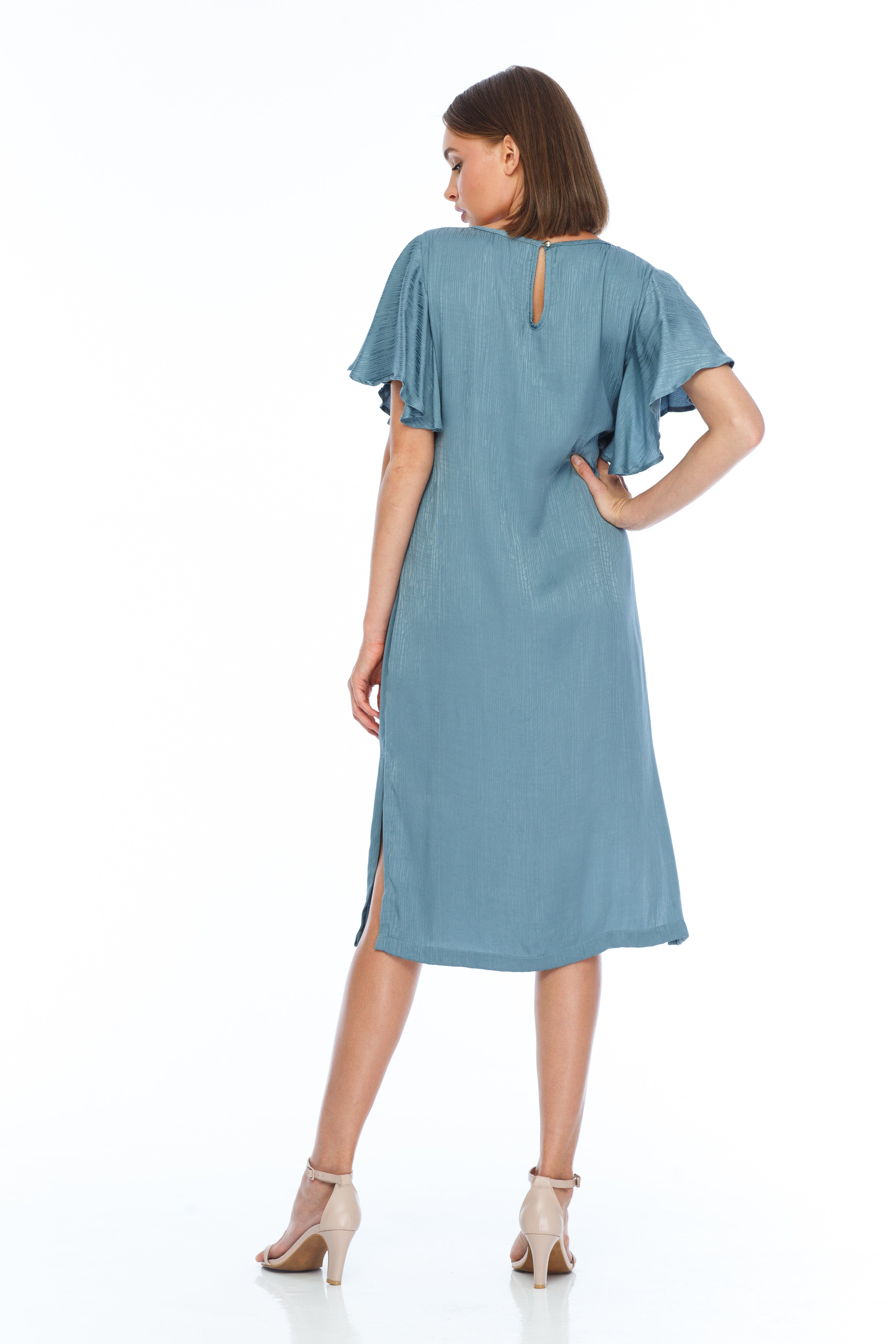 Charm Dress - silky blue flutter sleeve dress